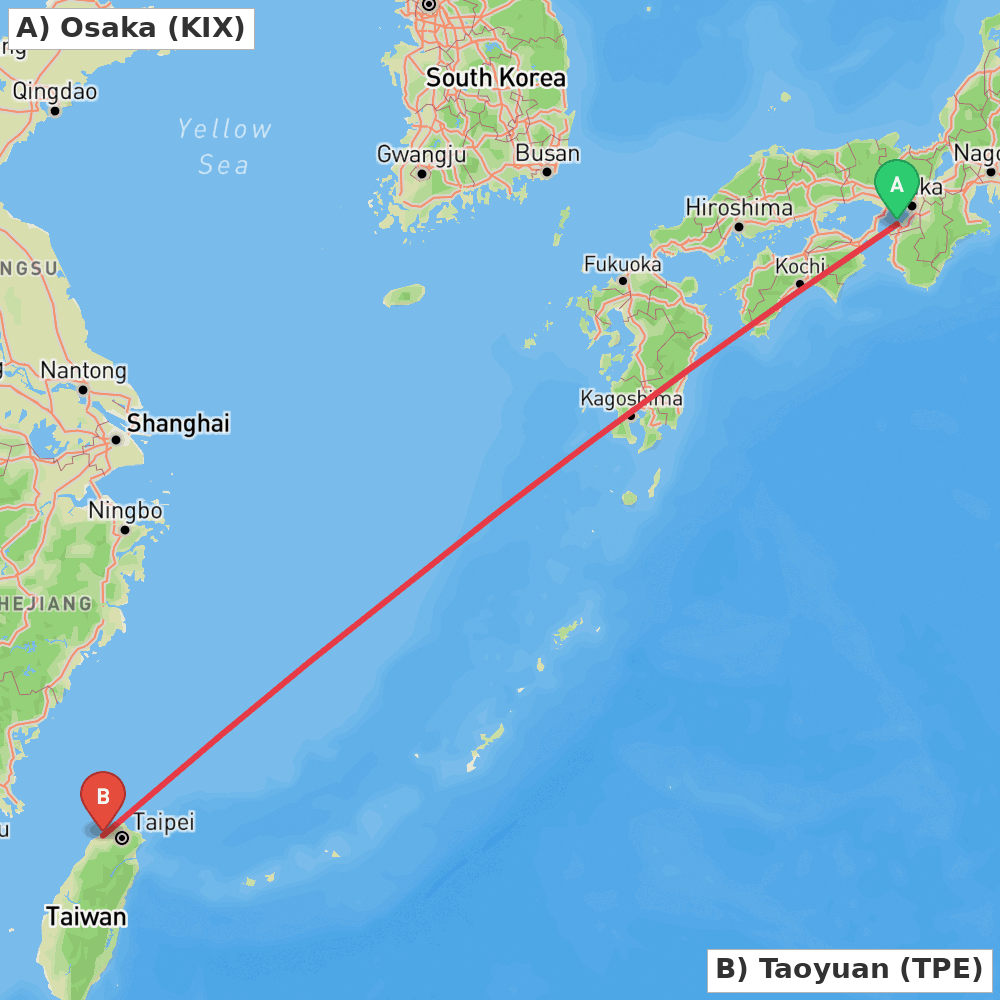 Flight route map from Osaka to Taoyuan
