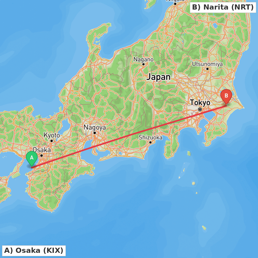 Flight route map from Osaka to Narita