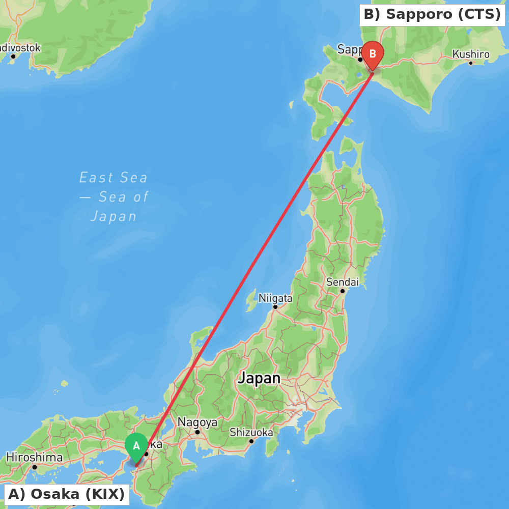 Flight route map from Osaka to Sapporo