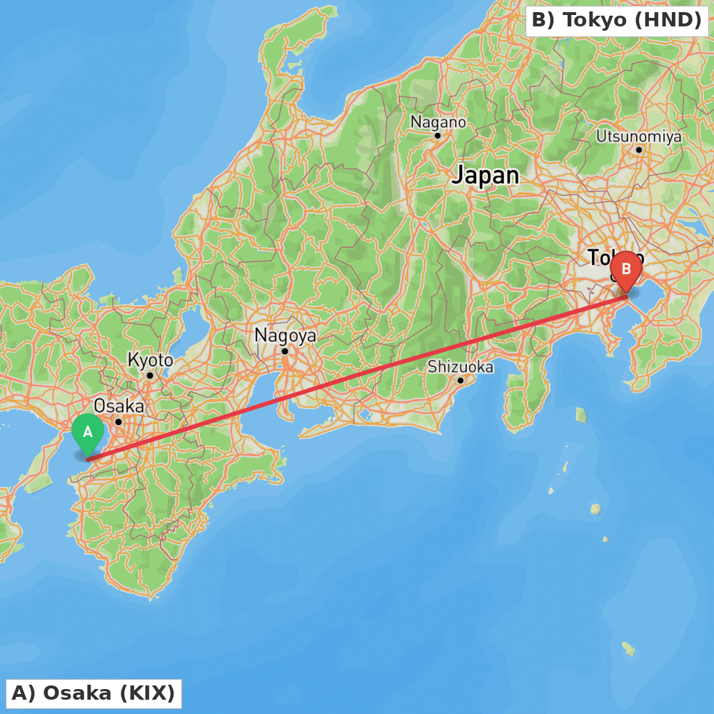Flight route map from Osaka to Tokyo