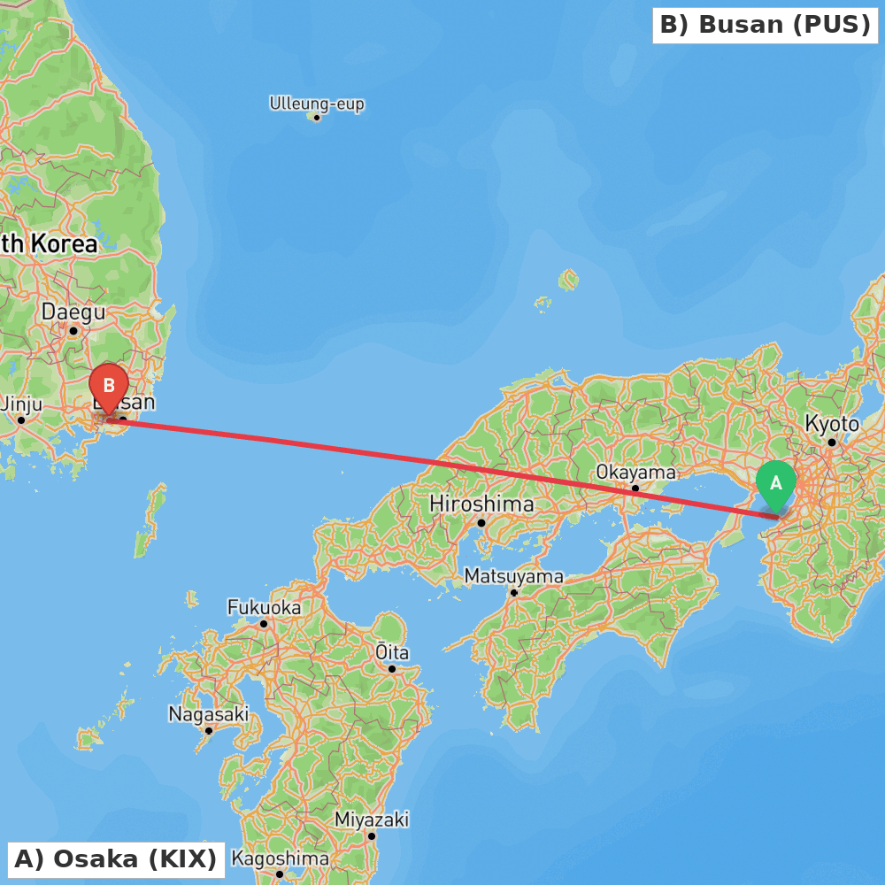 Flight route map from Osaka to Busan