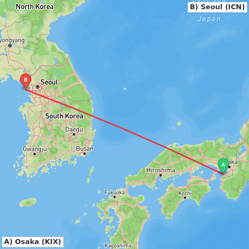 Flight route map from Osaka to Seoul