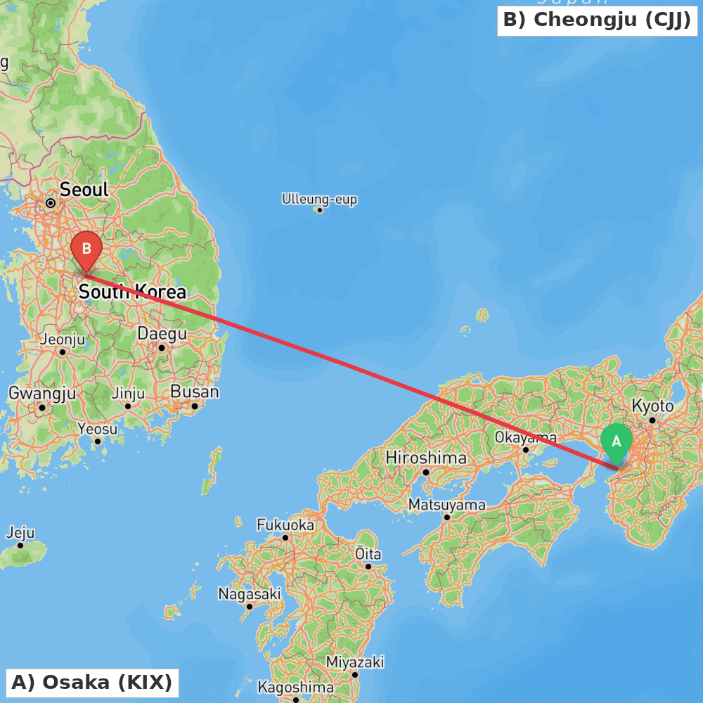 Flight route map from Osaka to Cheongju