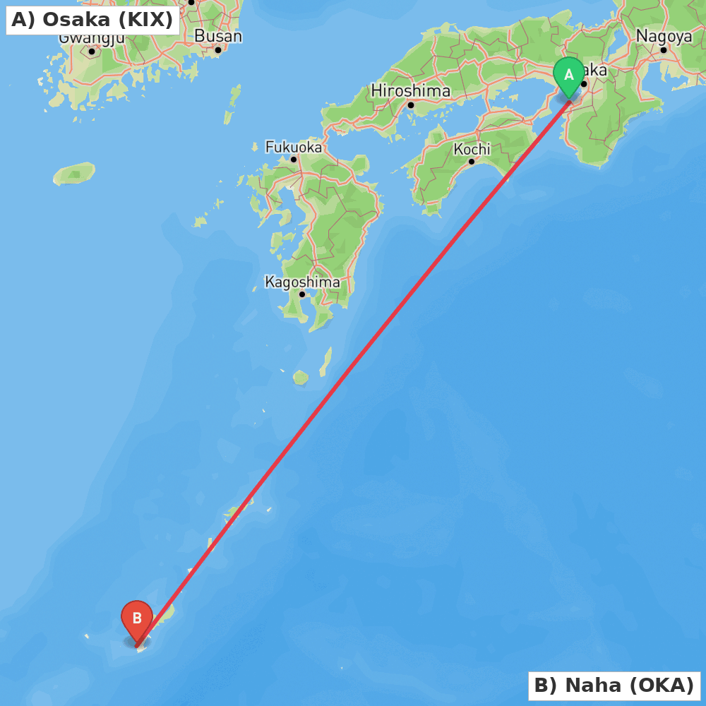 Flight route map from Osaka to Naha