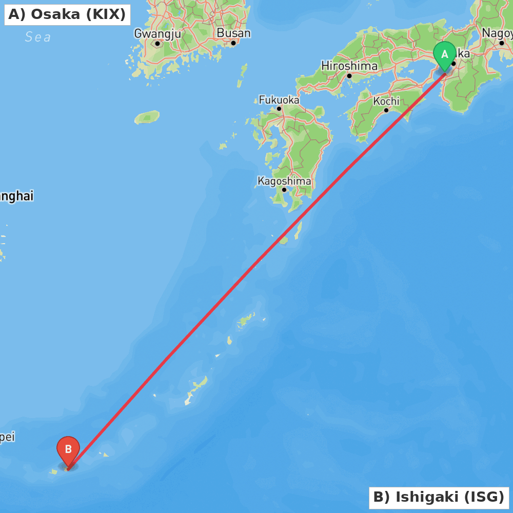 Flight route map from Osaka to Ishigaki