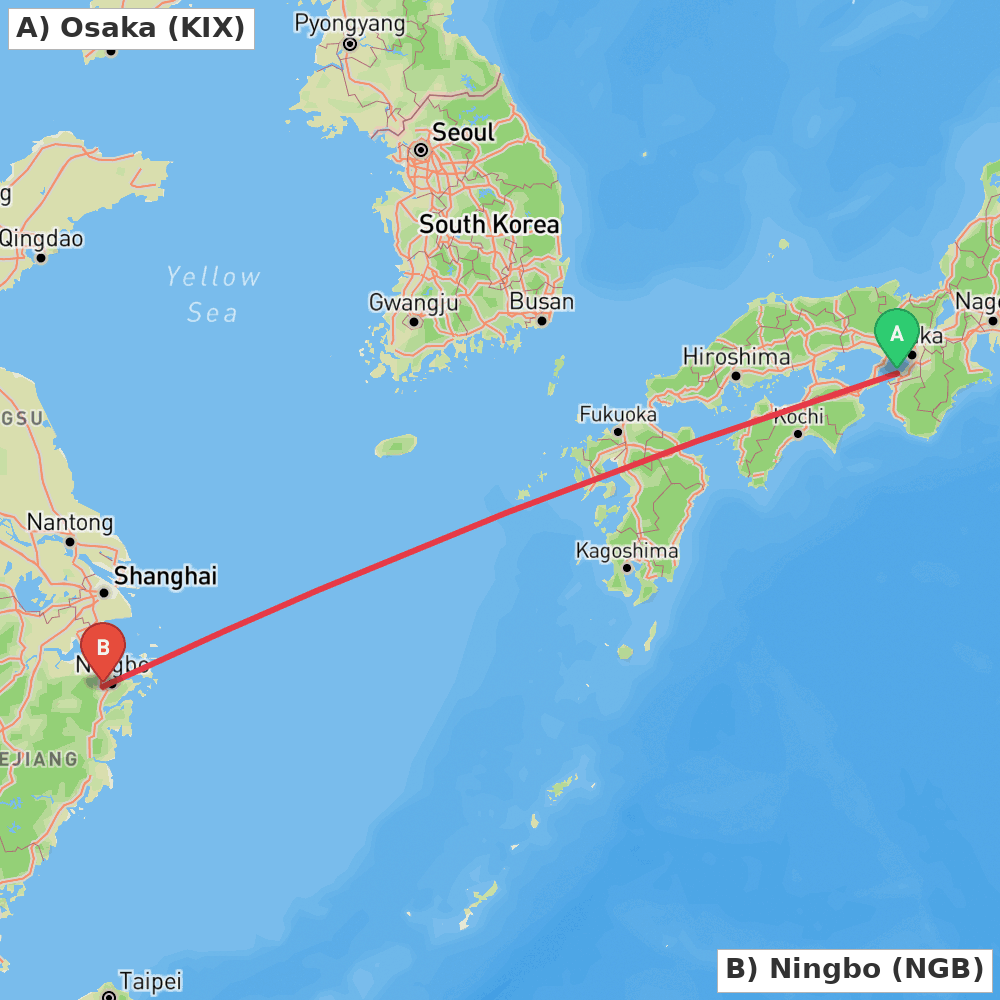 Flight route map from Osaka to Ningbo