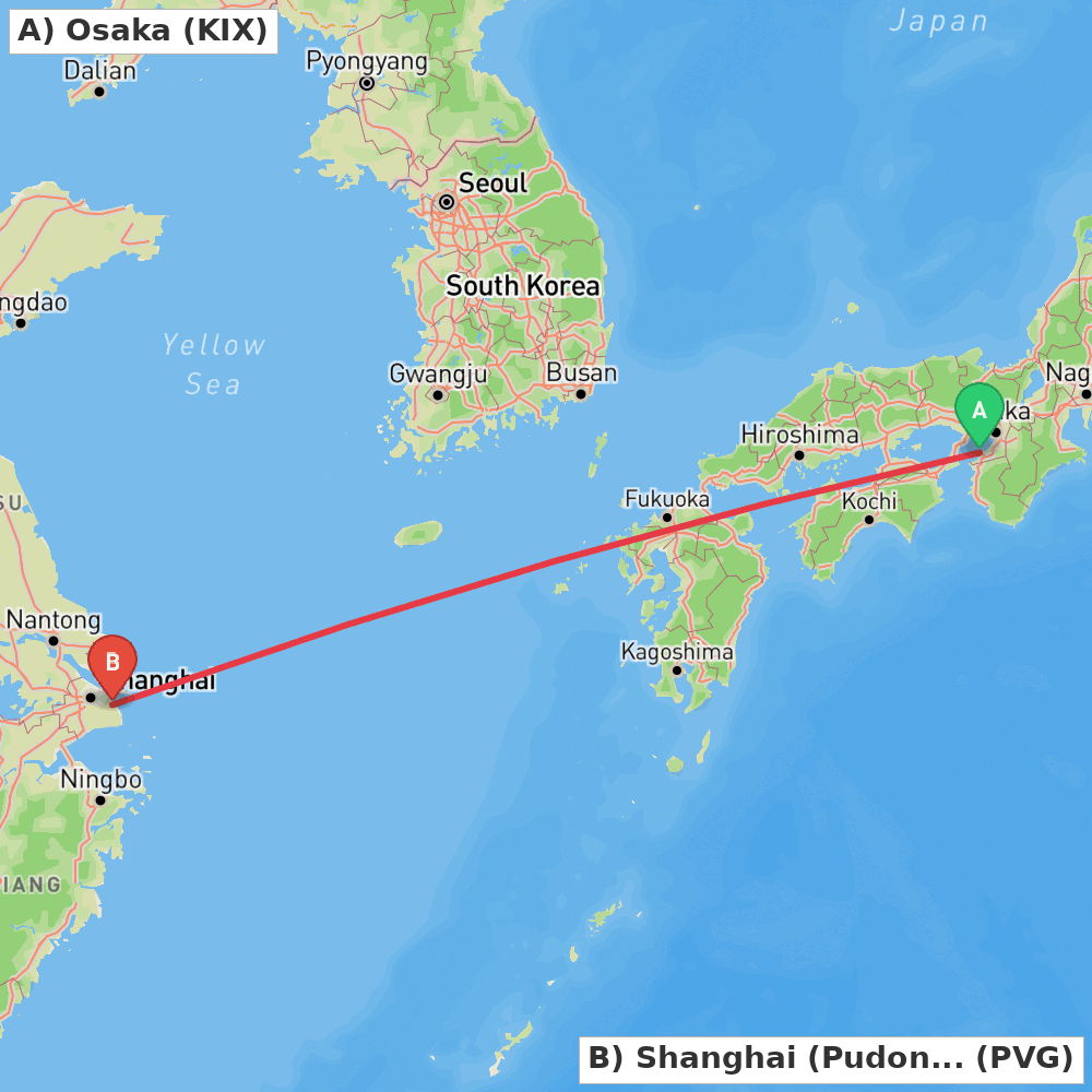Flight route map from Osaka to Shanghai (Pudong)