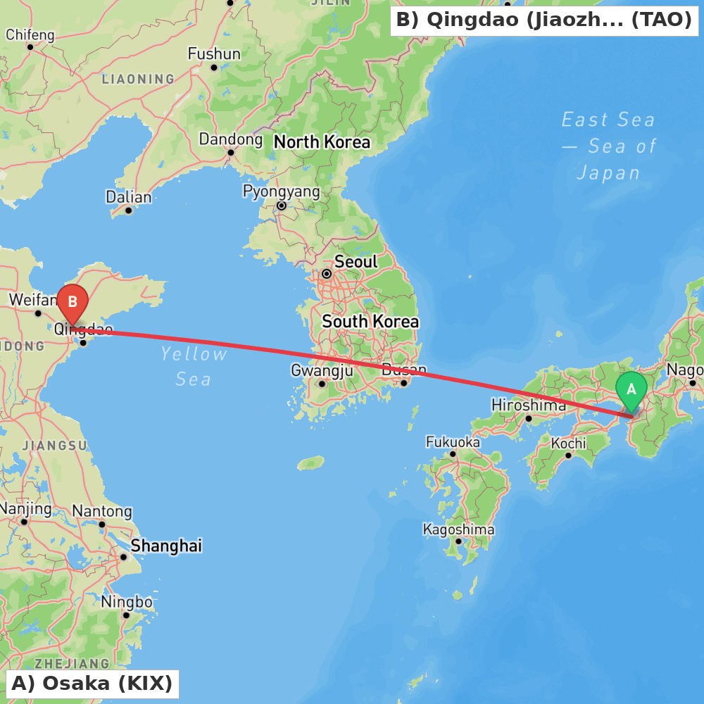 Flight route map from Osaka to Qingdao (Jiaozhou)