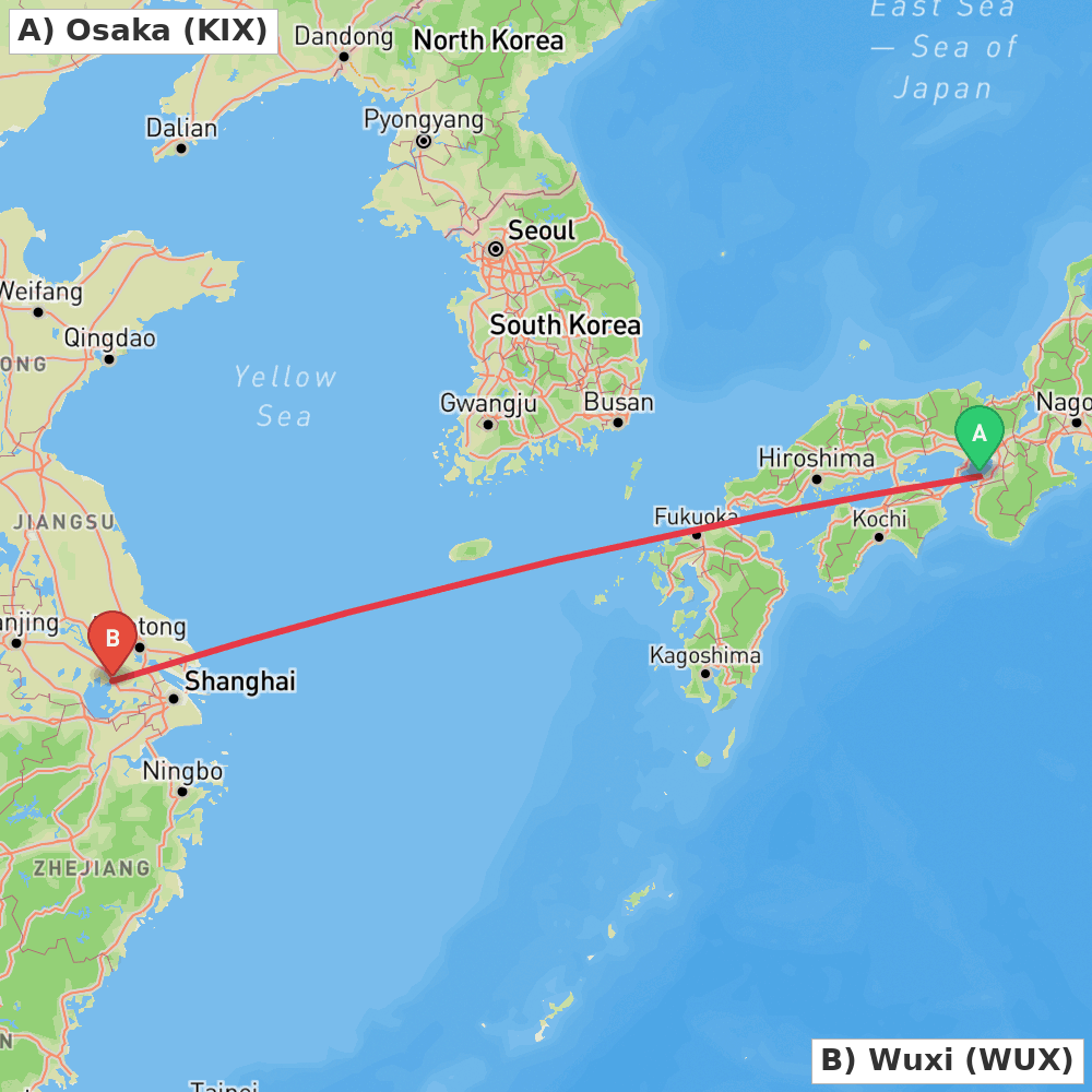 Flight route map from Osaka to Wuxi