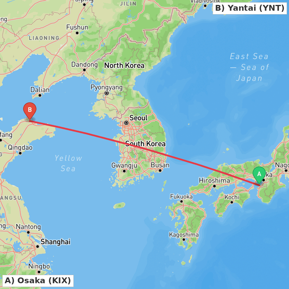 Flight route map from Osaka to Yantai