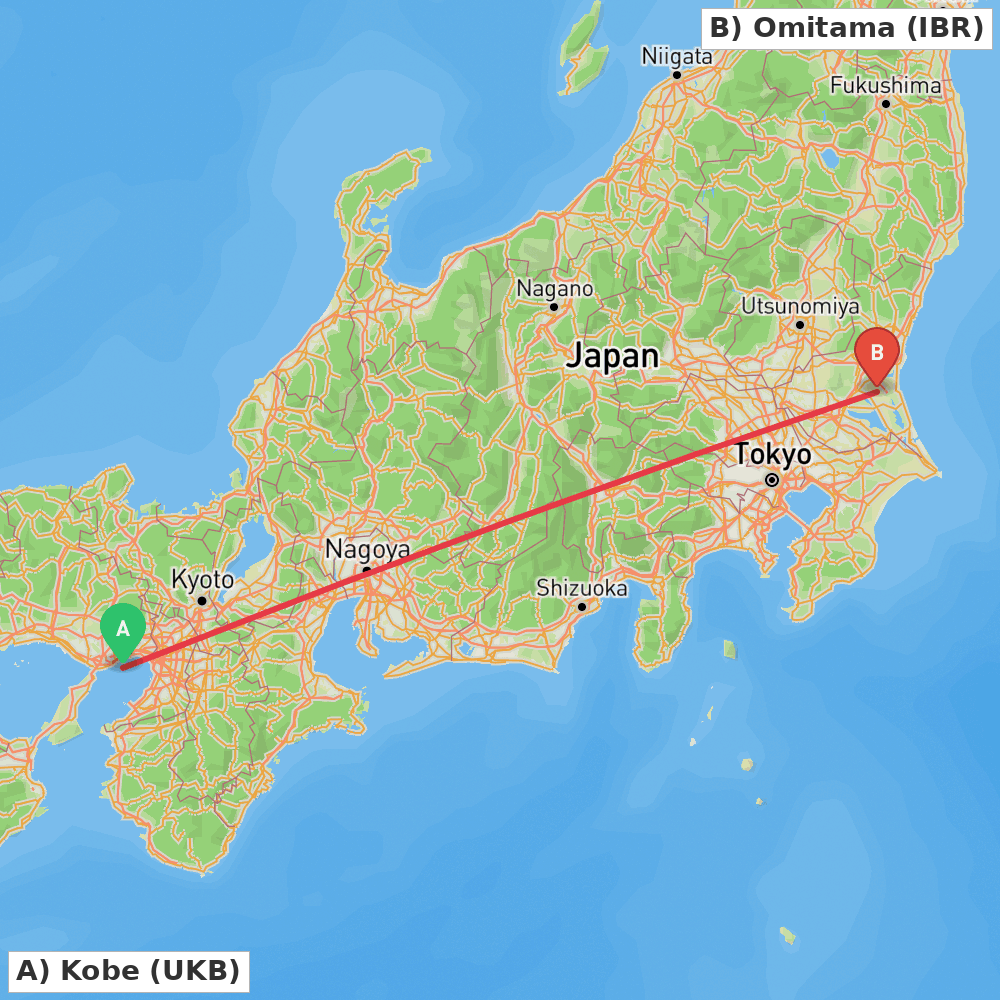 Flight route map from Kobe to Omitama