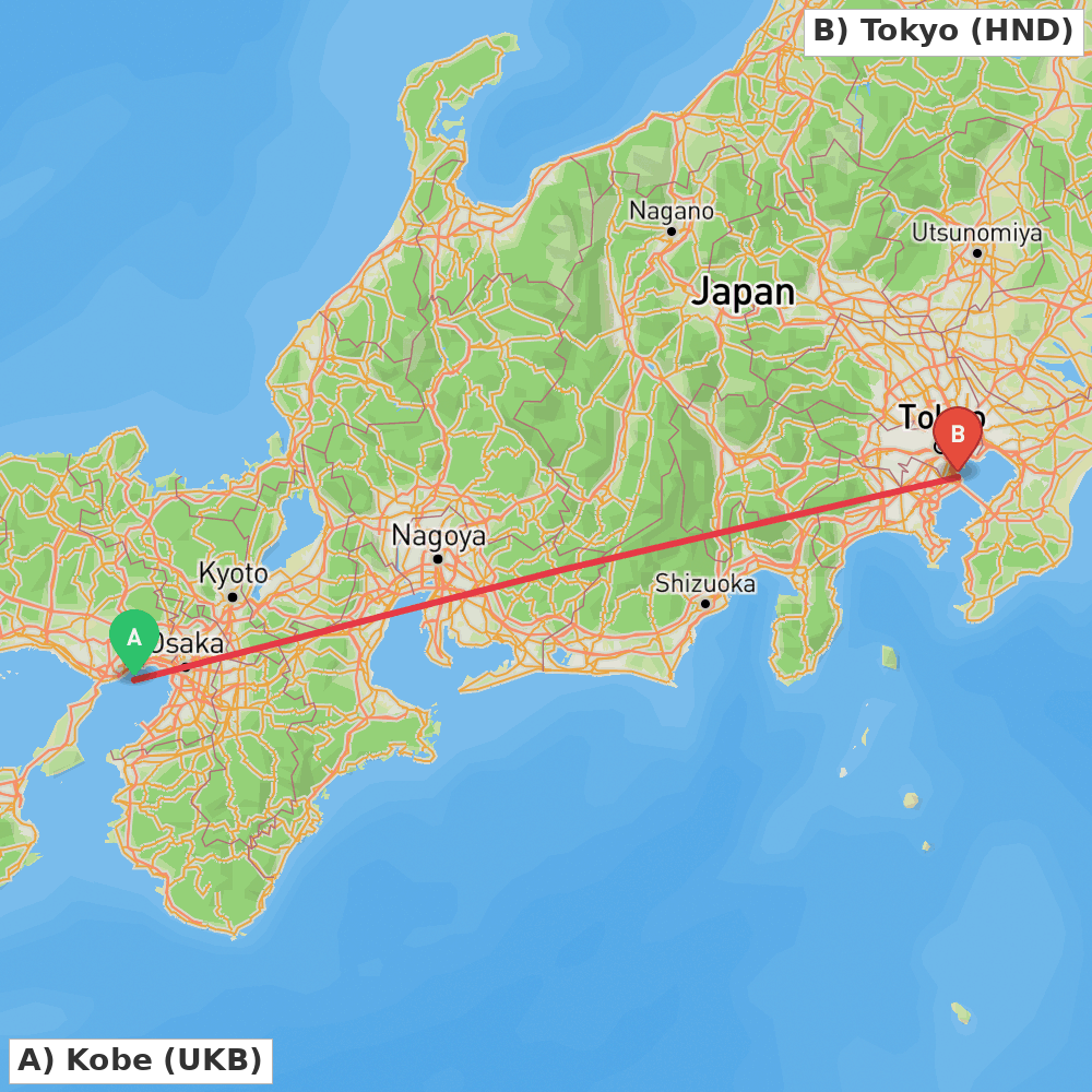 Flight route map from Kobe to Tokyo