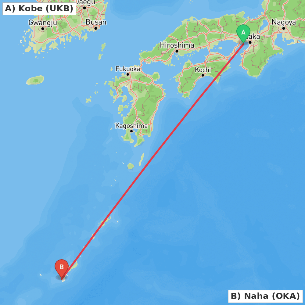 Flight route map from Kobe to Naha