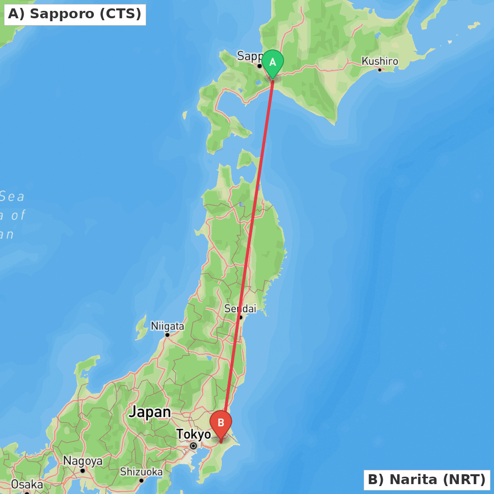 Flight route map from Sapporo to Narita