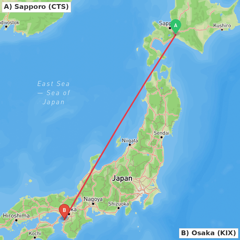 Flight route map from Sapporo to Osaka