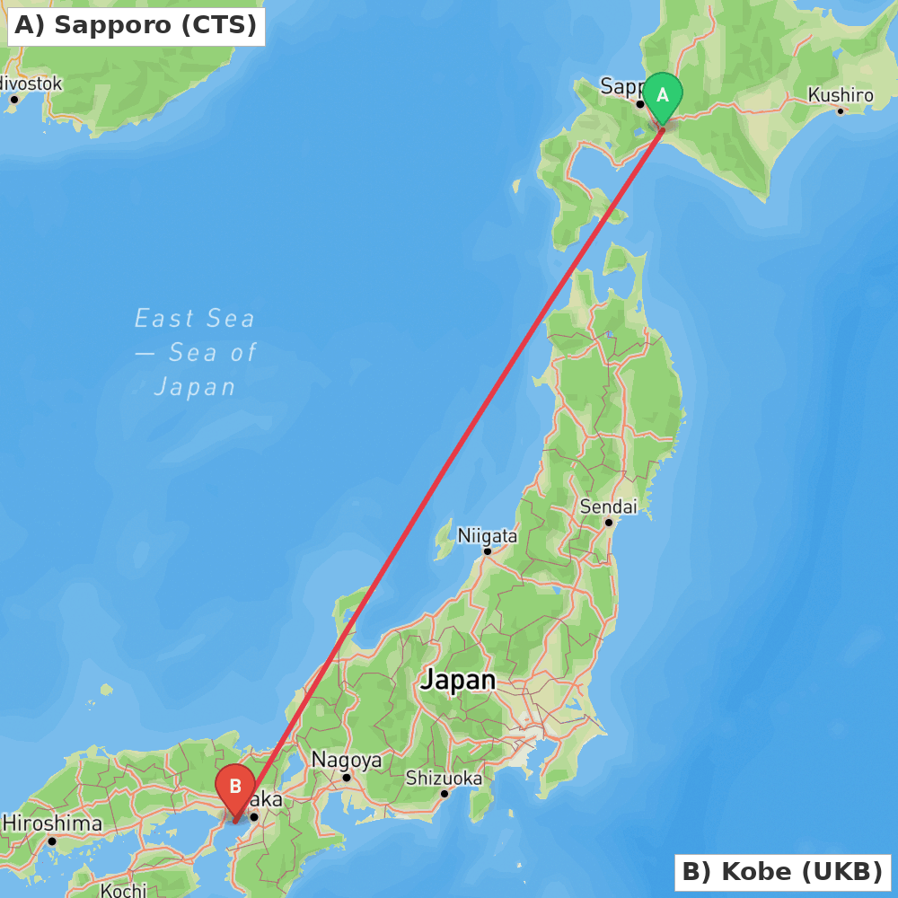 Flight route map from Sapporo to Kobe