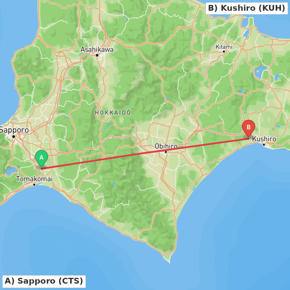 Flight route map from Sapporo to Kushiro