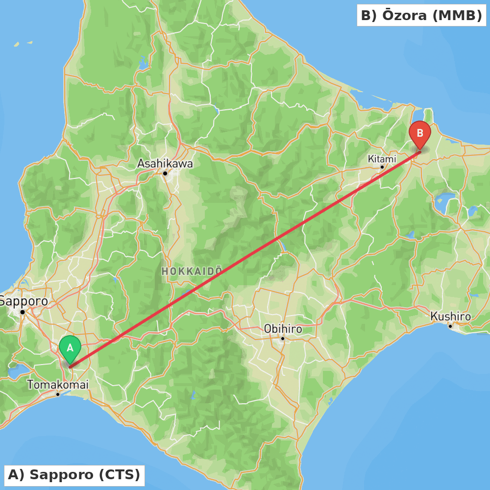 Flight route map from Sapporo to Ōzora