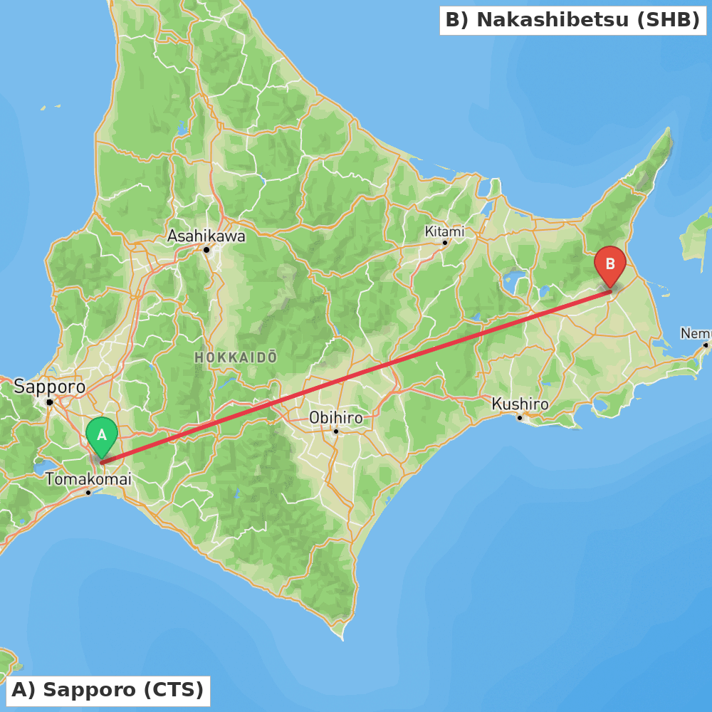 Flight route map from Sapporo to Nakashibetsu