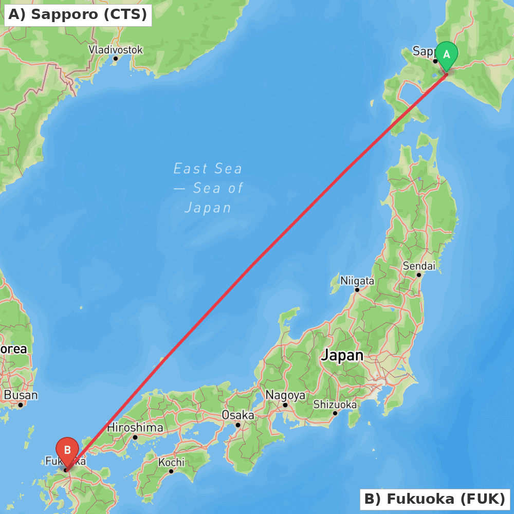 Flight route map from Sapporo to Fukuoka