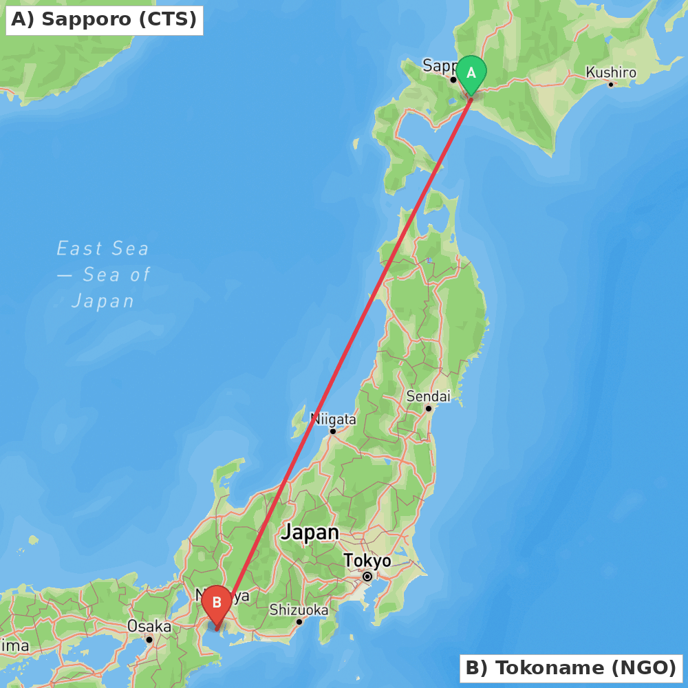 Flight route map from Sapporo to Tokoname