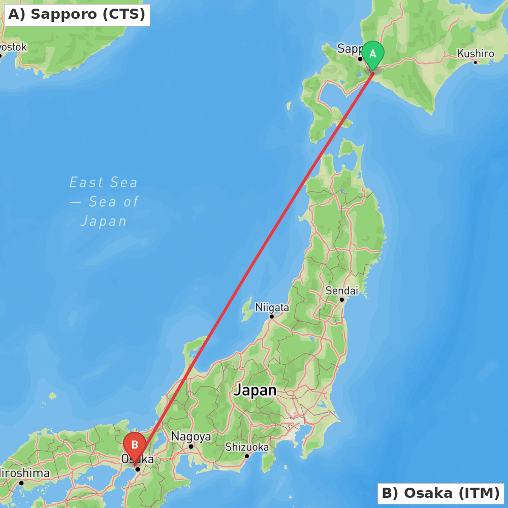 Flight route map from Sapporo to Osaka