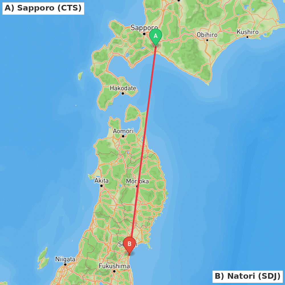 Flight route map from Sapporo to Natori