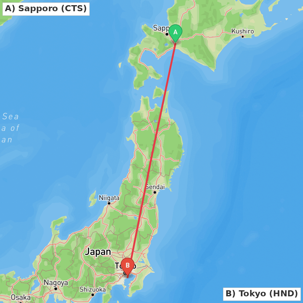 Flight route map from Sapporo to Tokyo