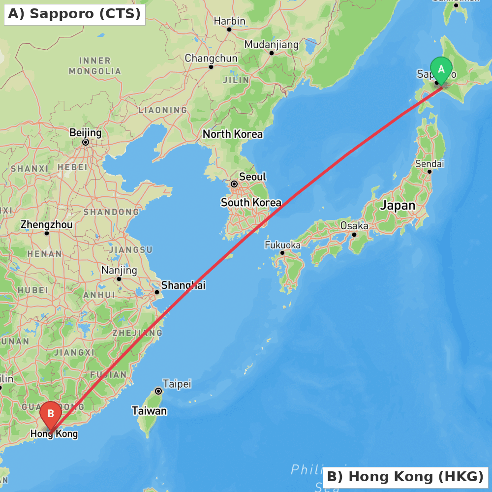 Flight route map from Sapporo to Hong Kong