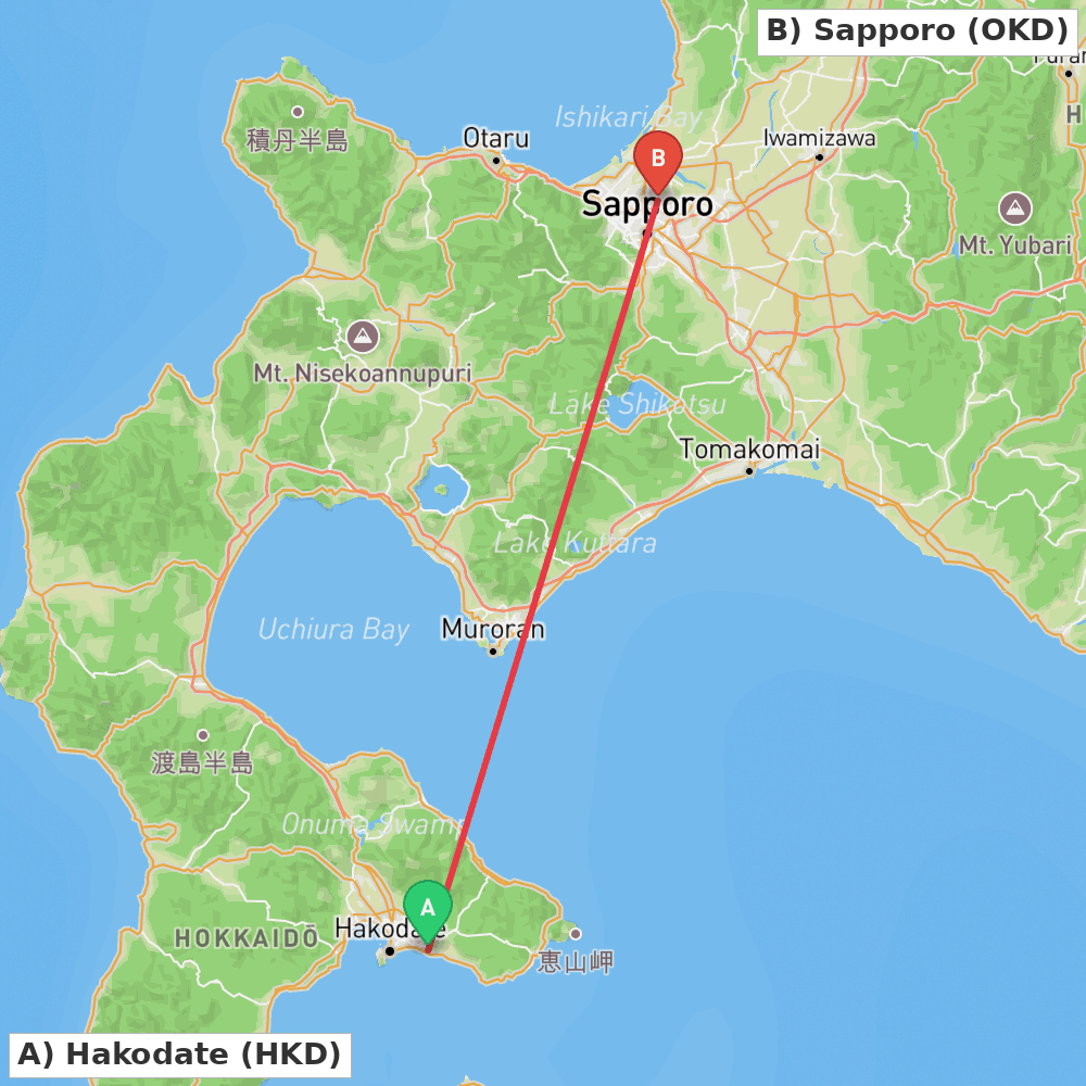Flight route map from Hakodate to Sapporo
