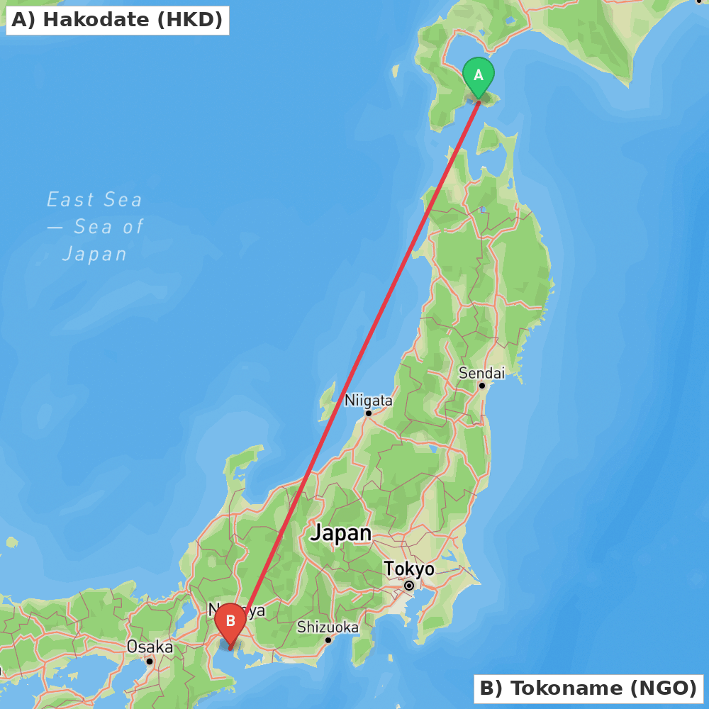 Flight route map from Hakodate to Tokoname