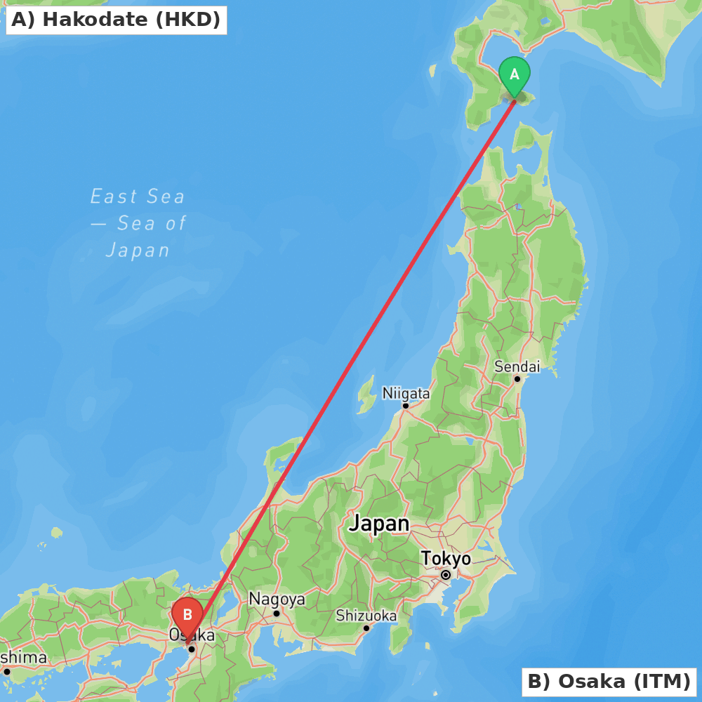 Flight route map from Hakodate to Osaka
