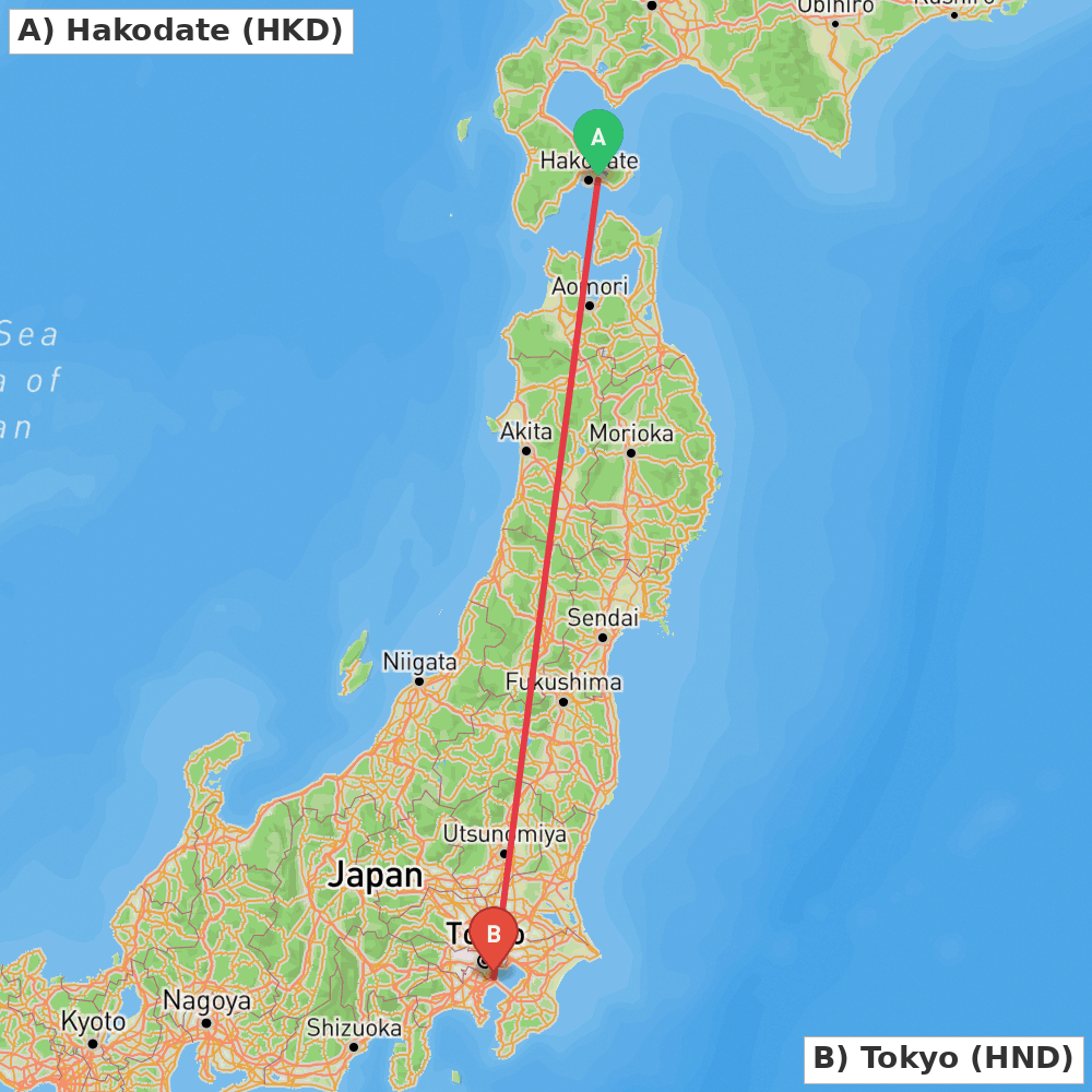 Flight route map from Hakodate to Tokyo