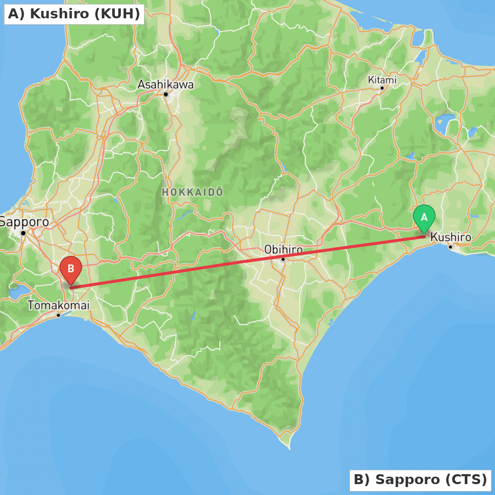 Flight route map from Kushiro to Sapporo
