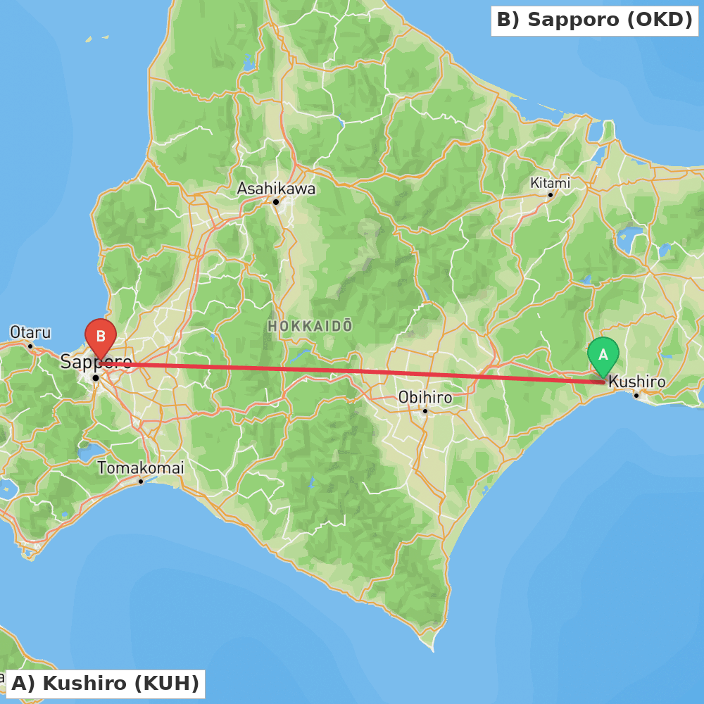 Flight route map from Kushiro to Sapporo