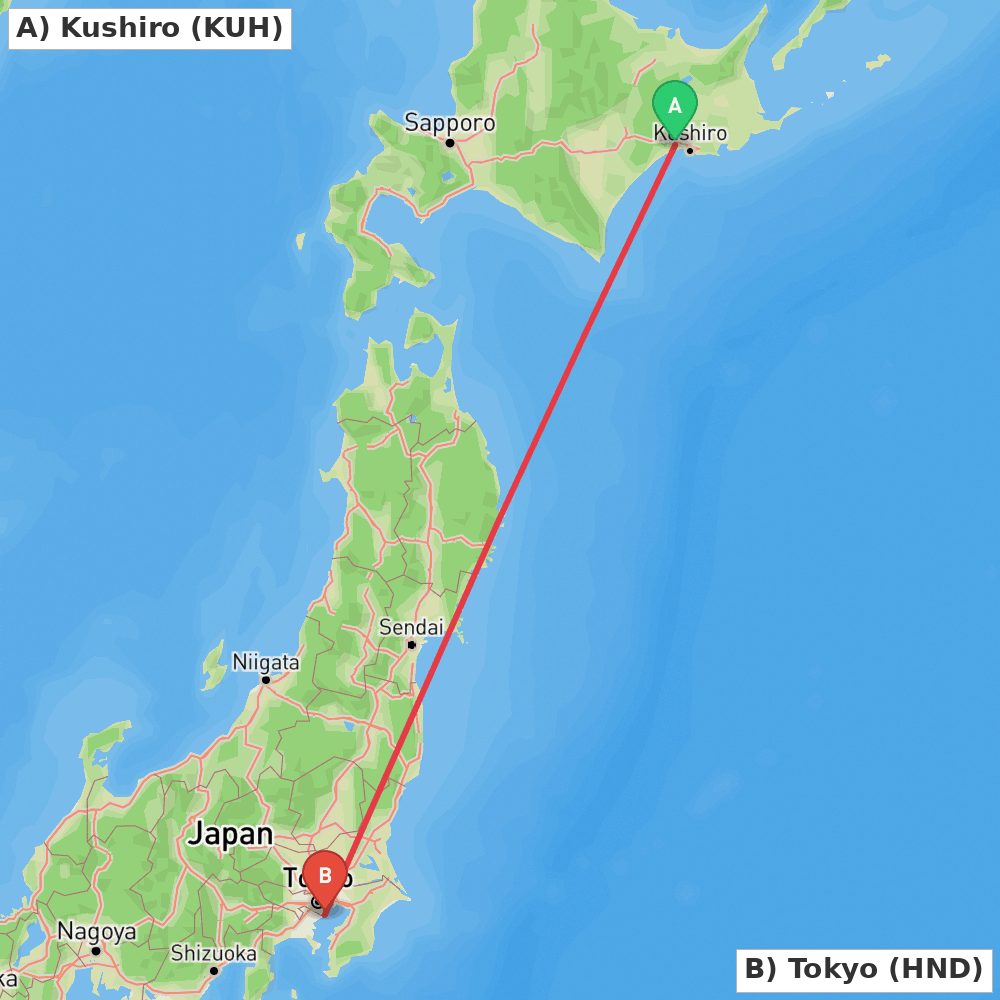 Flight route map from Kushiro to Tokyo