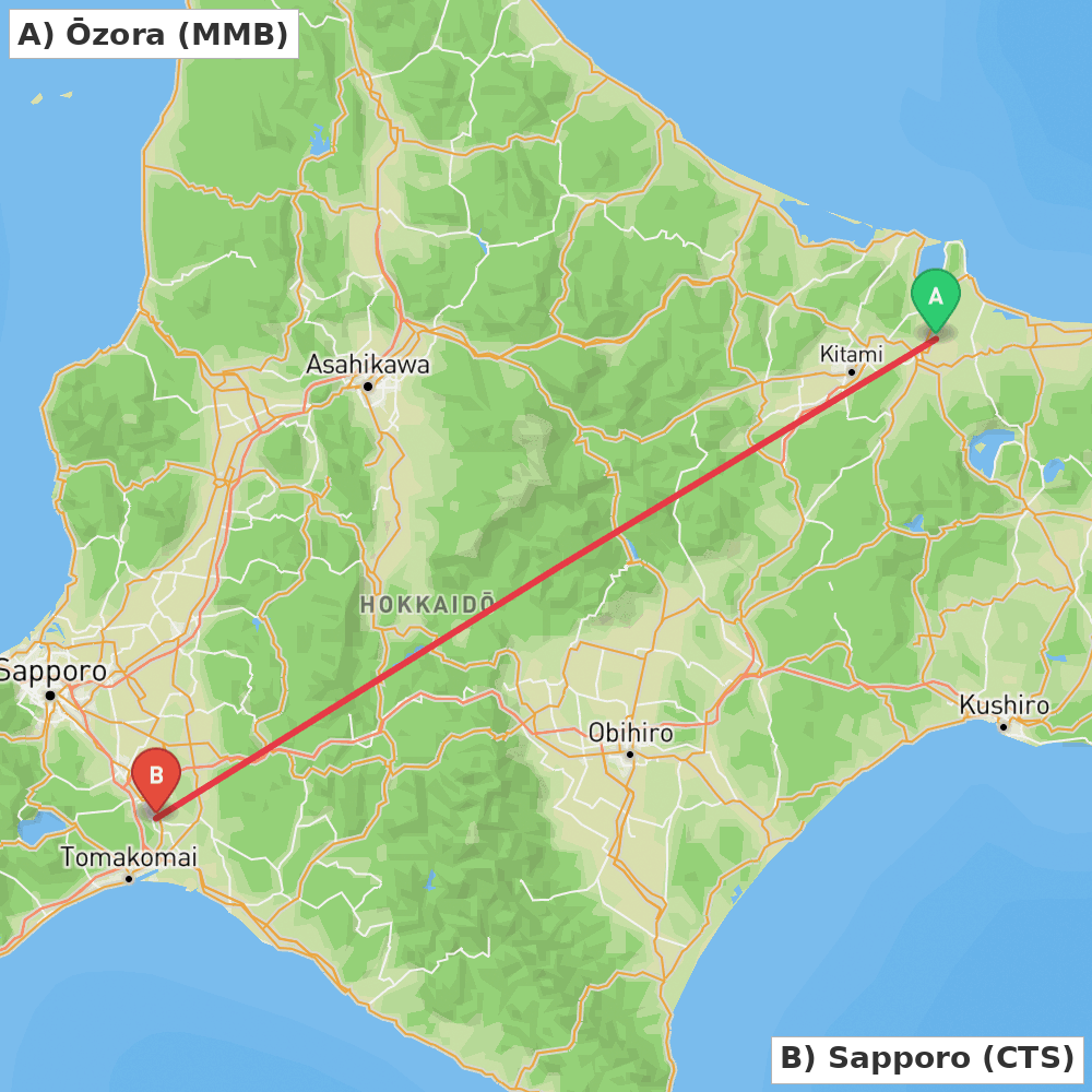 Flight route map from Ōzora to Sapporo