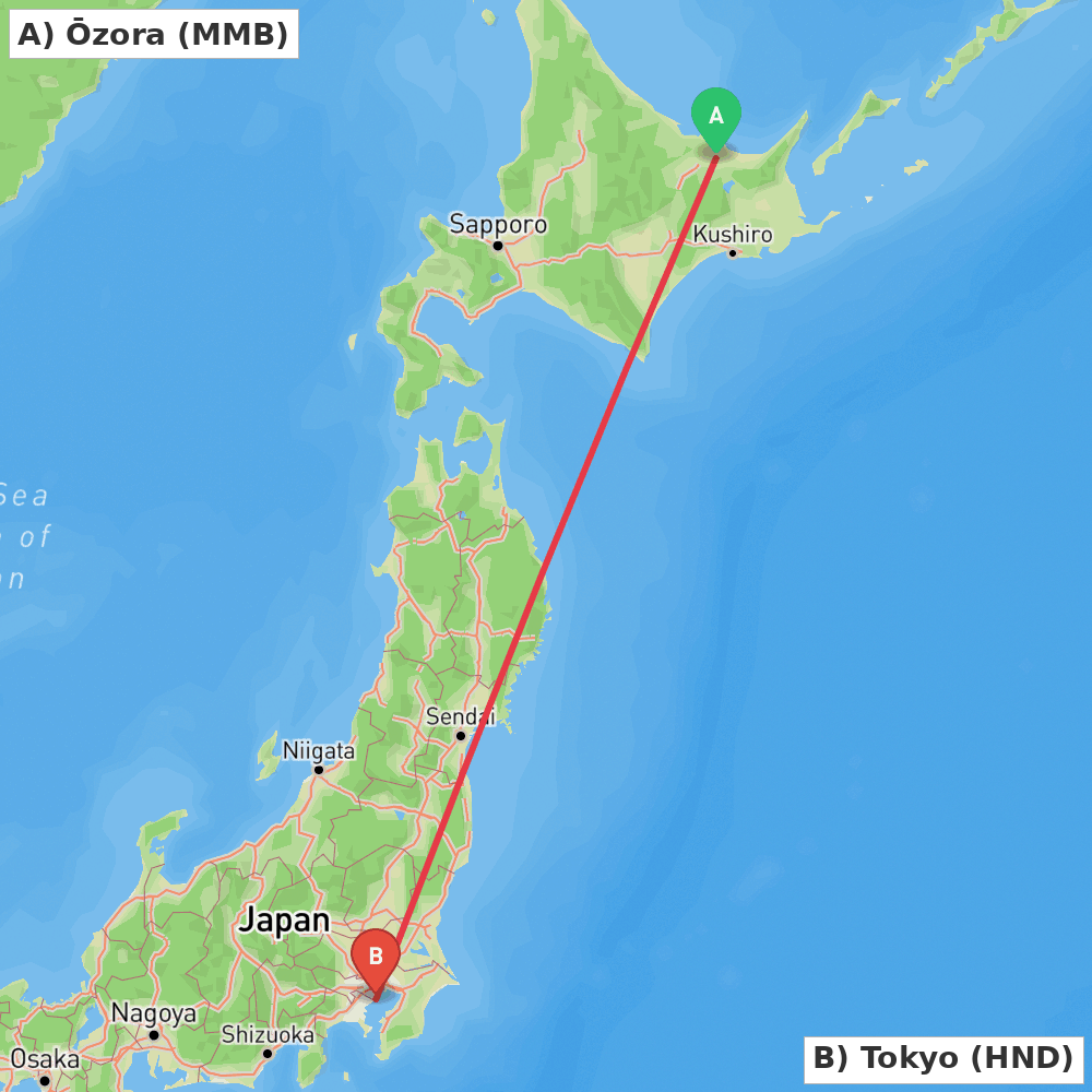 Flight route map from Ōzora to Tokyo