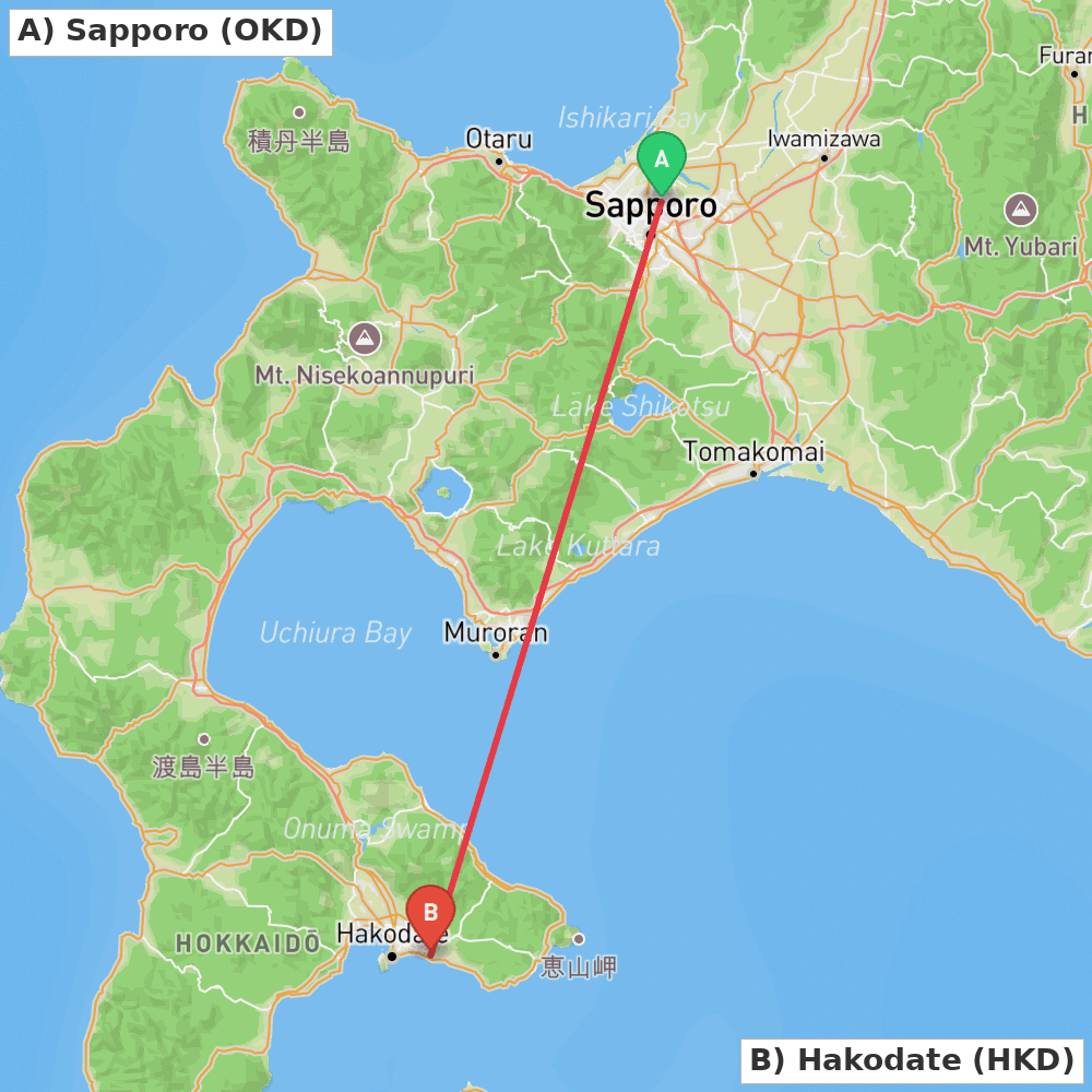 Flight route map from Sapporo to Hakodate