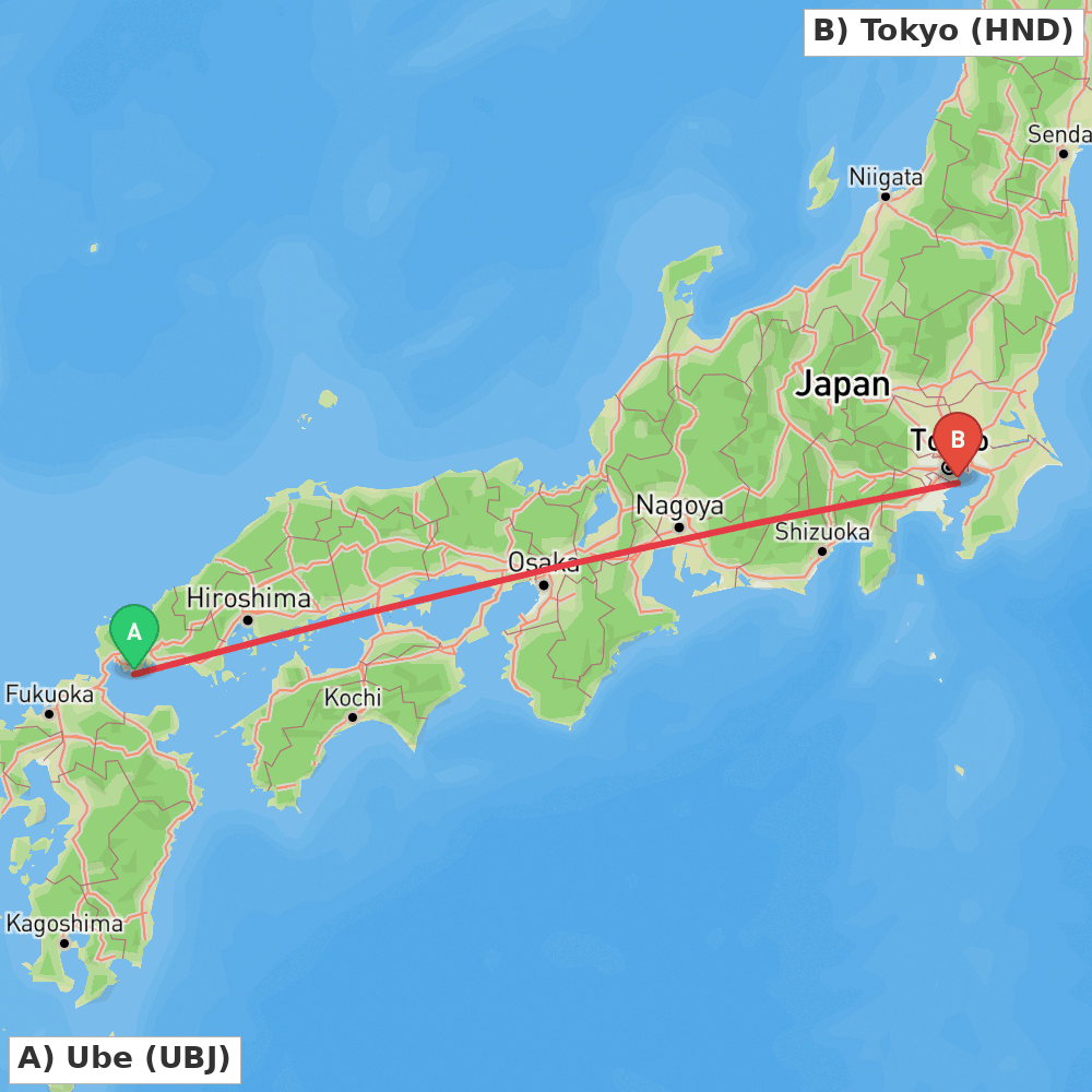 Flight route map from Ube to Tokyo