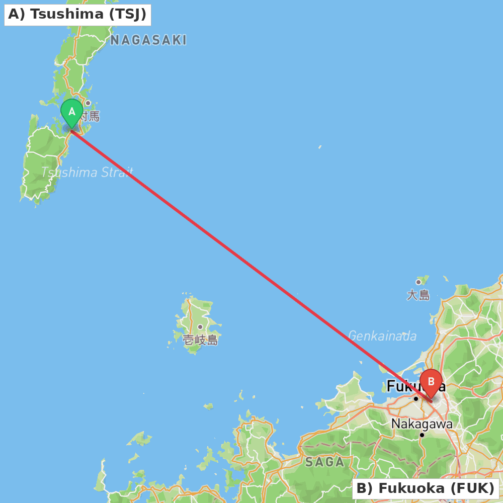 Flight route map from Tsushima to Fukuoka