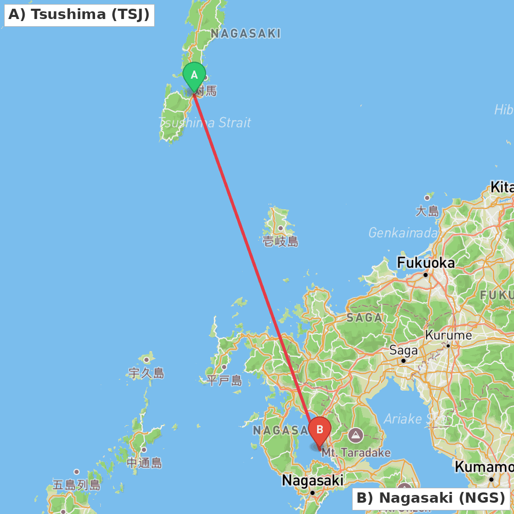 Flight route map from Tsushima to Nagasaki