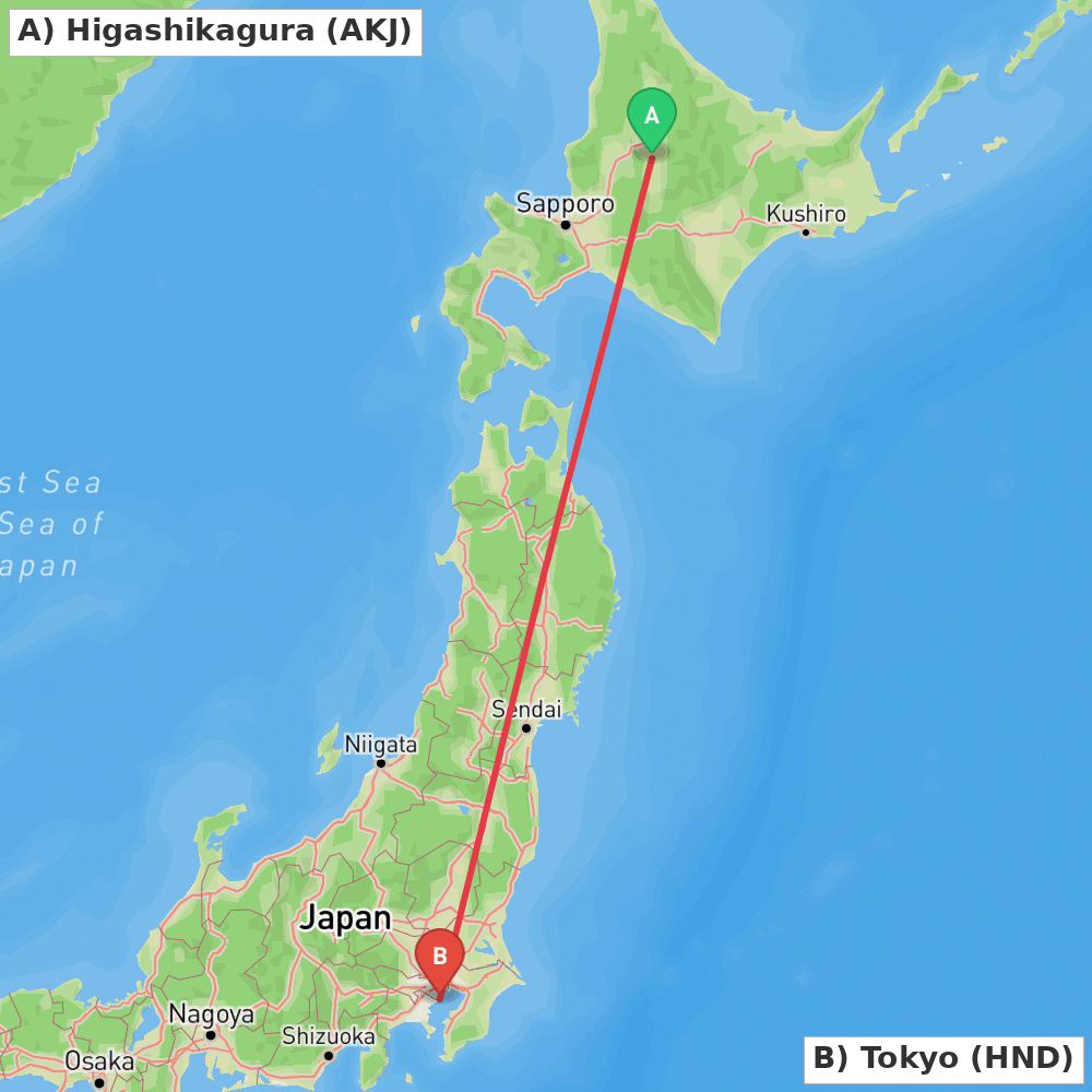 Flight route map from Higashikagura to Tokyo
