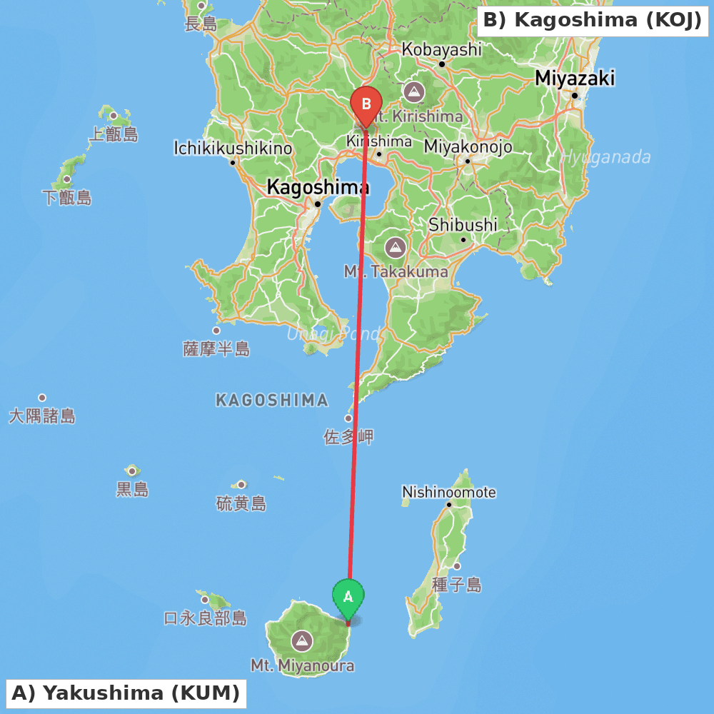 Flight route map from Yakushima to Kagoshima