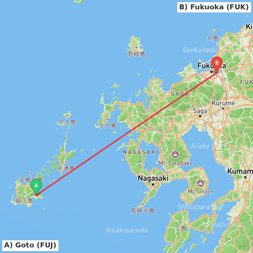 Flight route map from Goto to Fukuoka