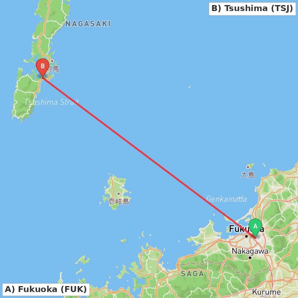 Flight route map from Fukuoka to Tsushima