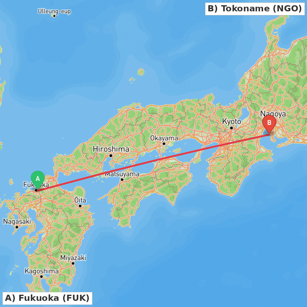 Flight route map from Fukuoka to Tokoname