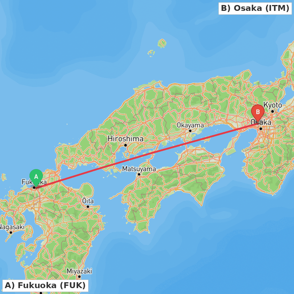 Flight route map from Fukuoka to Osaka