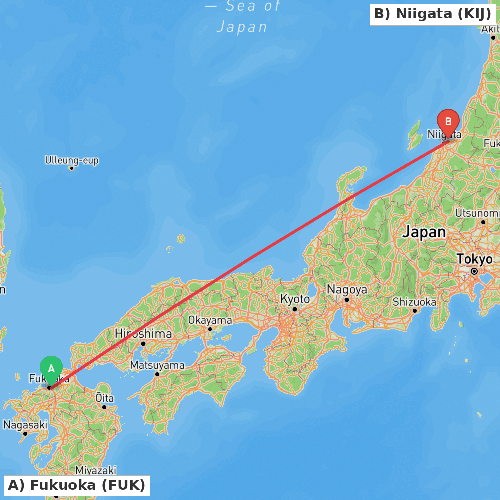 Flight route map from Fukuoka to Niigata