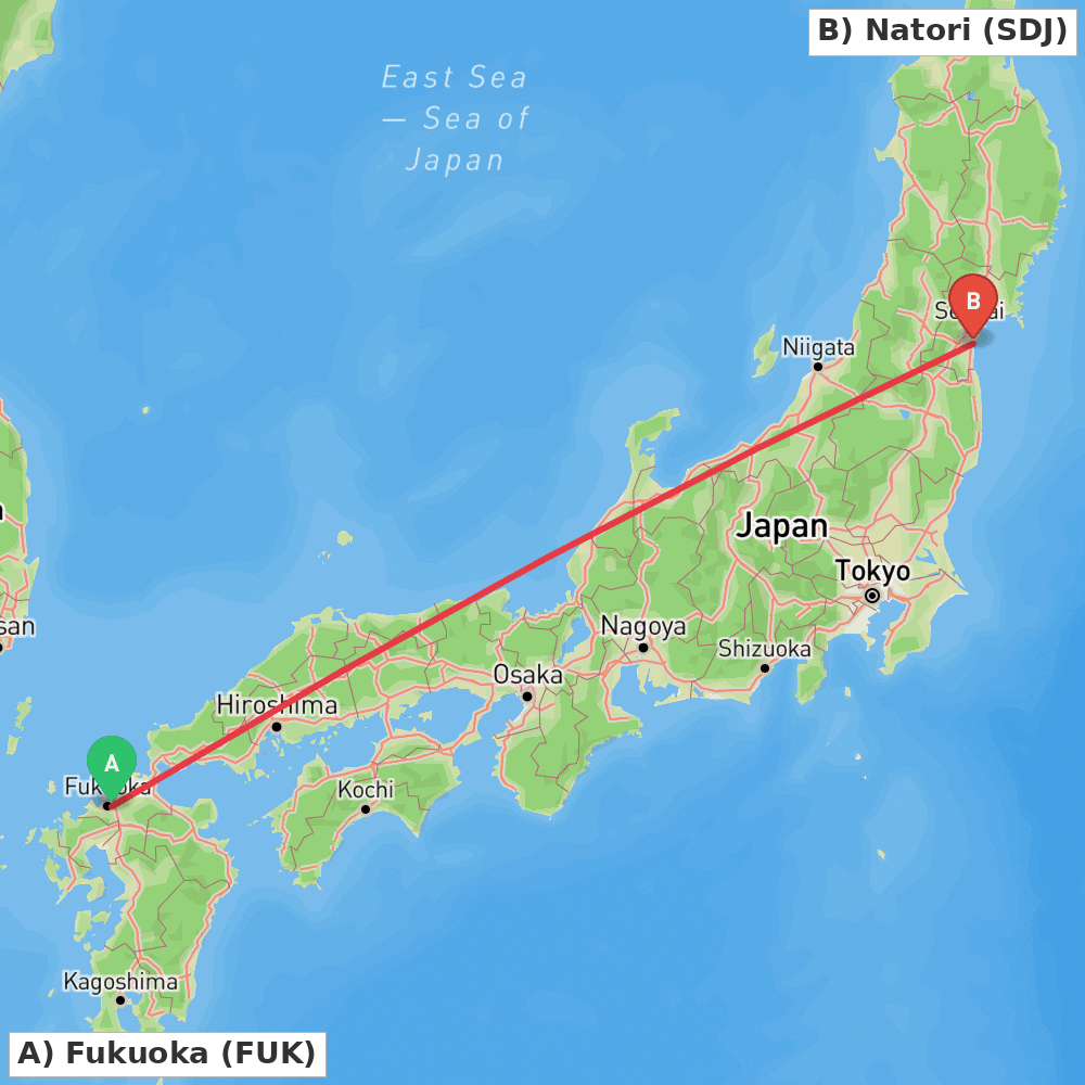 Flight route map from Fukuoka to Natori